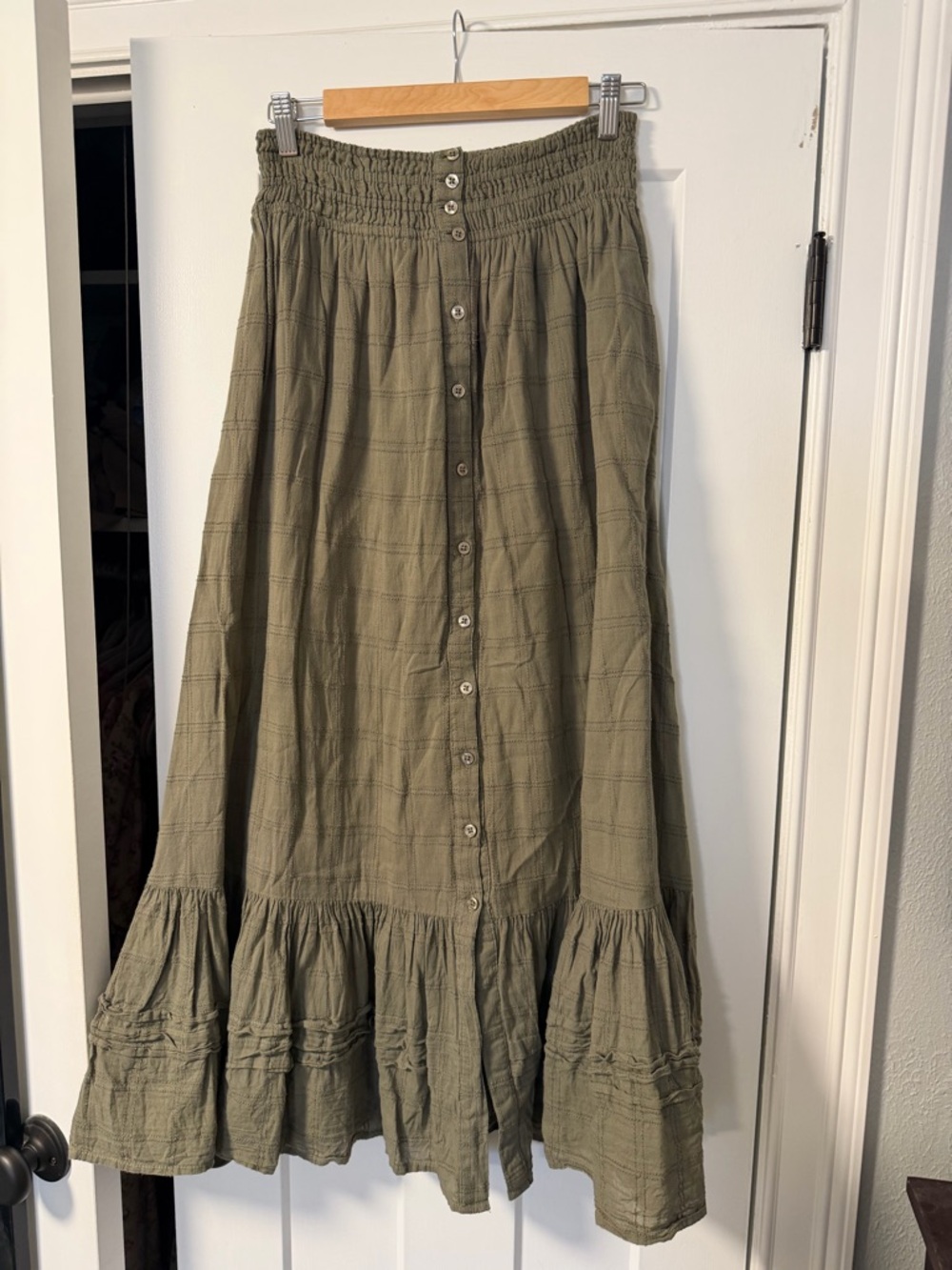 100% Cotton NWOT Smocked Waist Olive Maxi Skirt with Button-Front